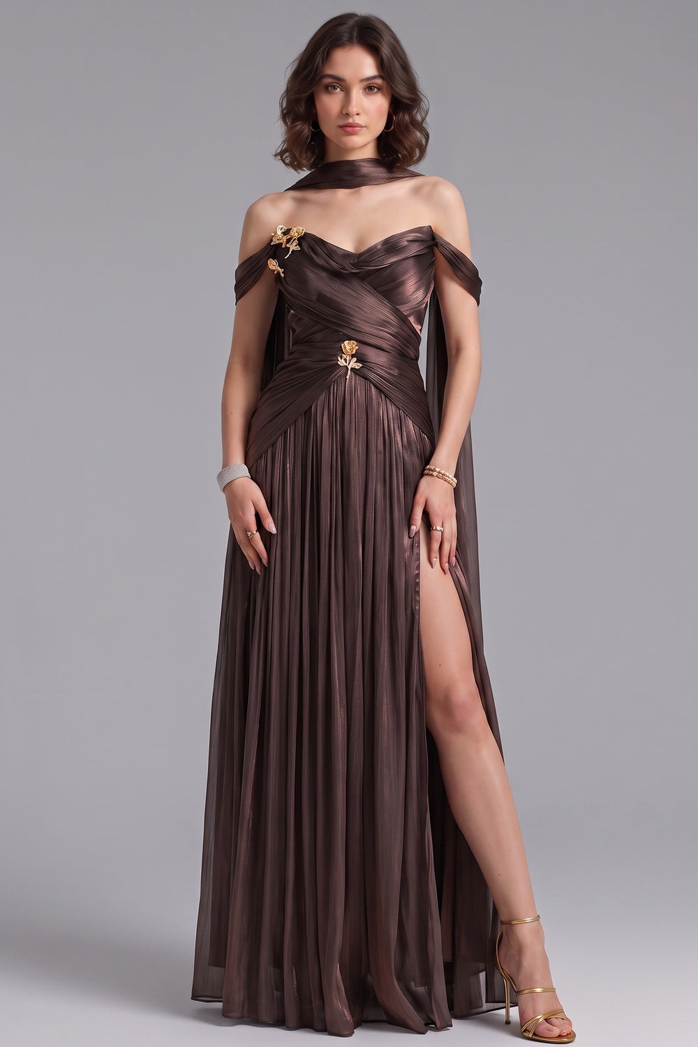 Bronze Metallic Draped A-Line Evening Gown with High Slit bronze, dark brown metallic lamé or silk blend evening gown - product view 3