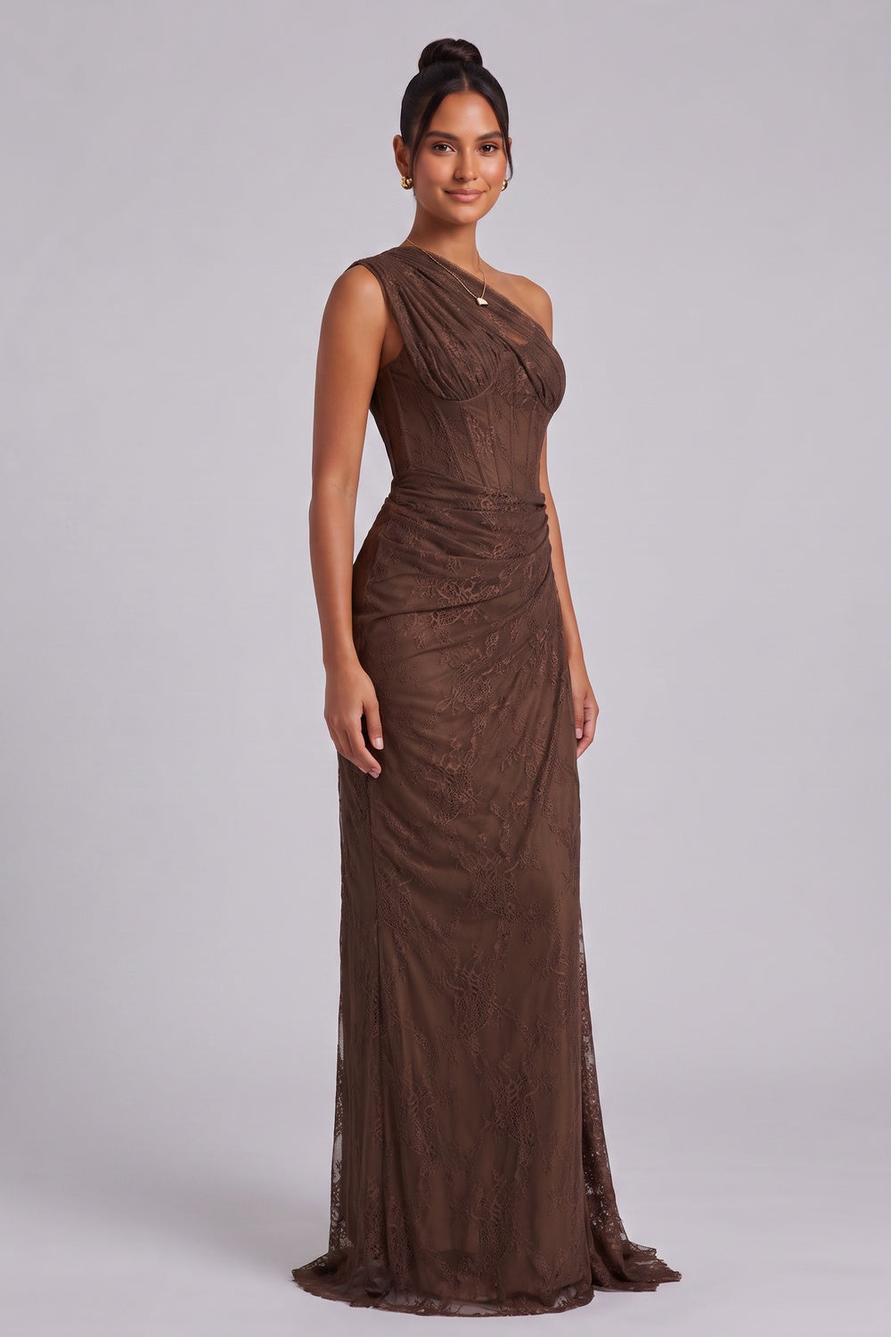 chocolate brown floral lace column gown chocolate brown floral lace gown - product view 2