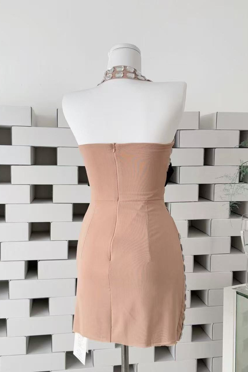 Nude Mesh Sheath Dress with Silver Metallic Tiles and Black Bow