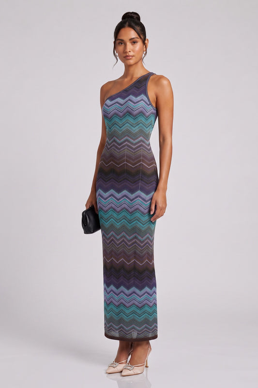 One-Shoulder Chevron Maxi Dress in Teal, Purple & Brown teal, purple, brown fine knit dress - product view 1