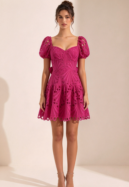 Magenta Guipure Lace Mini Dress