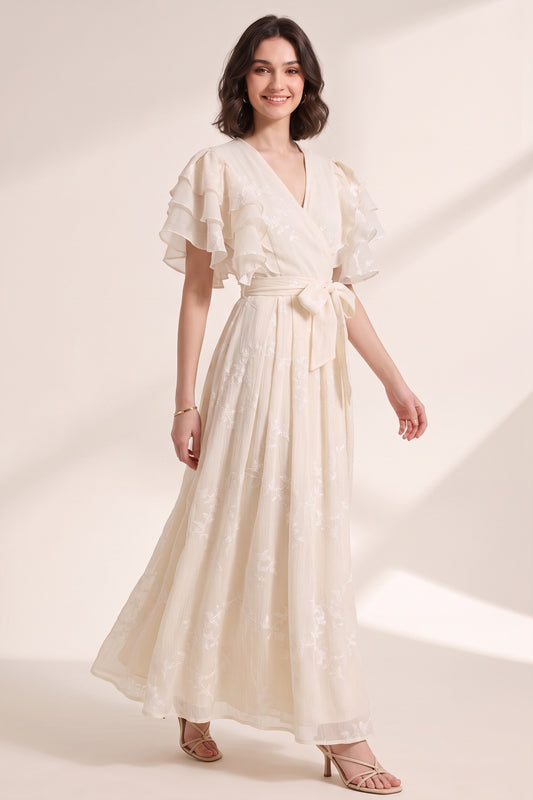 cream crinkled chiffon overlay A-line wrap wrap dress cream crinkled chiffon overlay wrap dress - product view 2