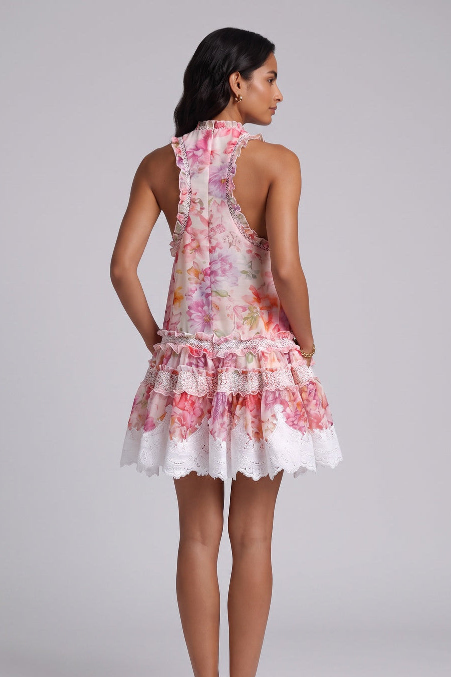 Pink Chiffon A-Line Tiered Floral Dress