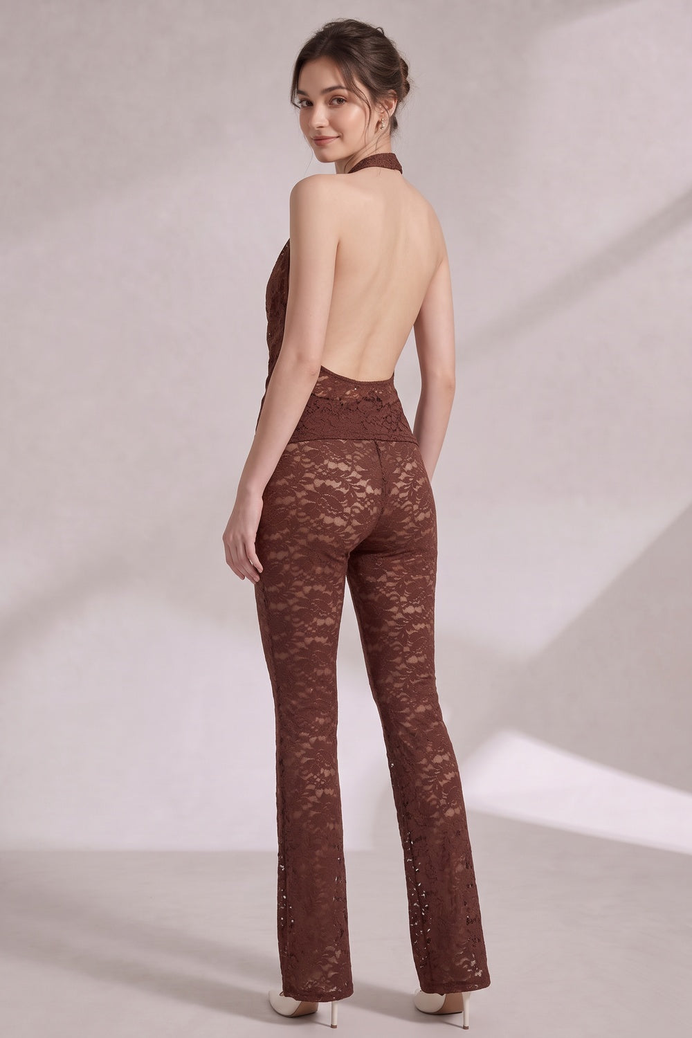 chocolate brown lace fitted halter top with cowl neck; slim-fit pants flaring from the knee two-piece set (halter top and matching pants) chocolate brown lace two-piece set (halter top and matching pants) - product view 5