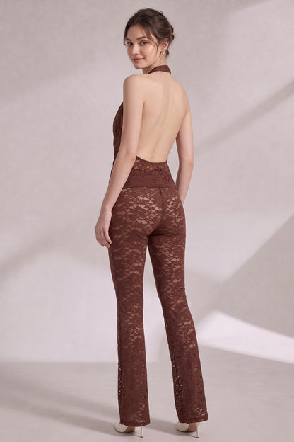 chocolate brown lace fitted halter top with cowl neck; slim-fit pants flaring from the knee two-piece set (halter top and matching pants) chocolate brown lace two-piece set (halter top and matching pants) - product view 5