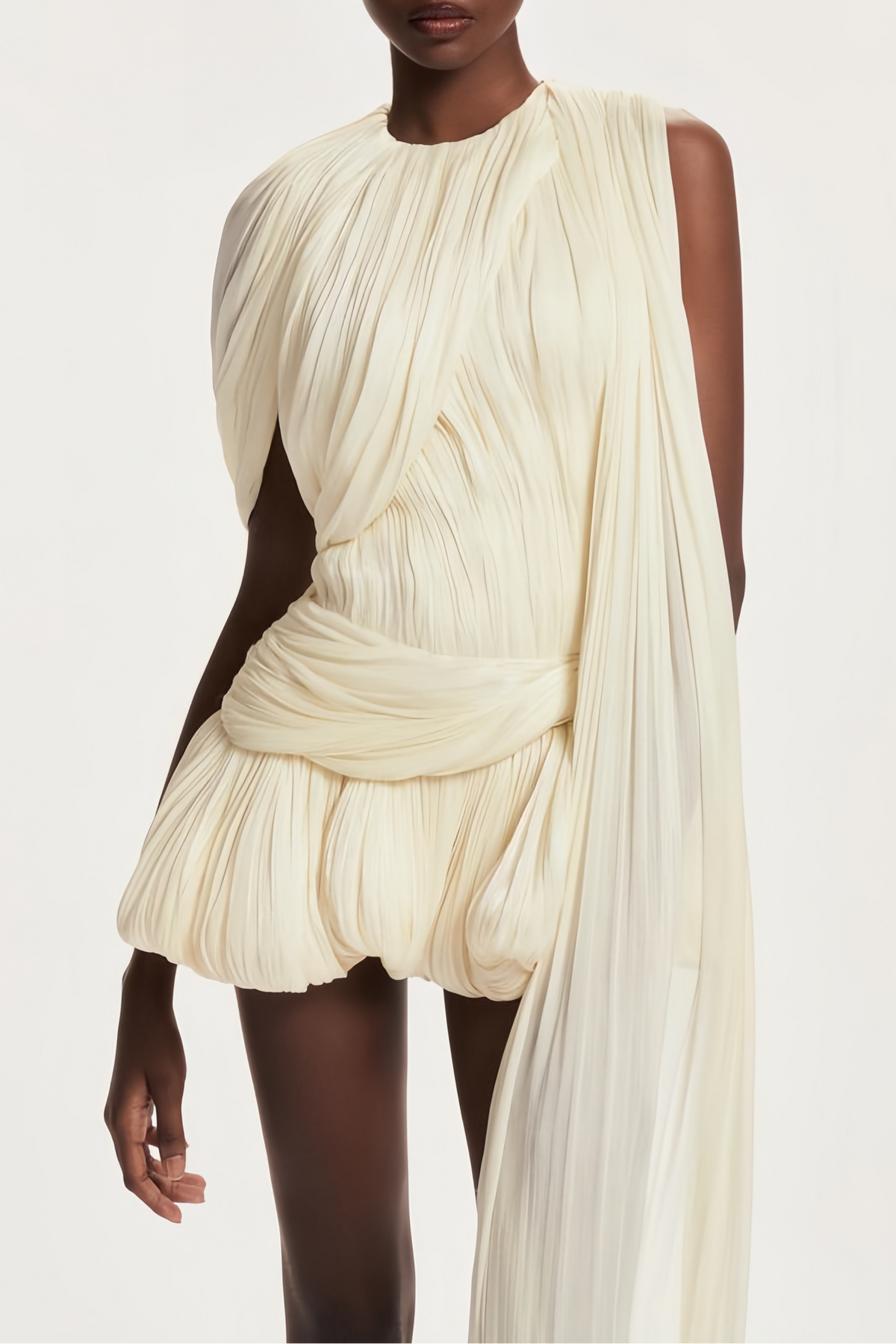 Cream Pleated Asymmetrical One Puff Sleeve Wrap Waist Bubble Mini Dress With Long Floating Sash