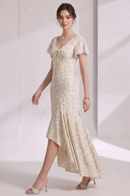 Cream Ditsy Floral Maxi Dress with Fitted Bodice and Flared Paneled Skirt cream, pale yellow lightweight woven fabric, likely rayon or cotton blend dress - product view 4