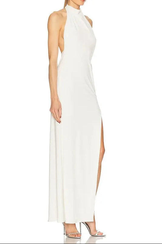 sharon halter backless high slit diamond maxi dress in white