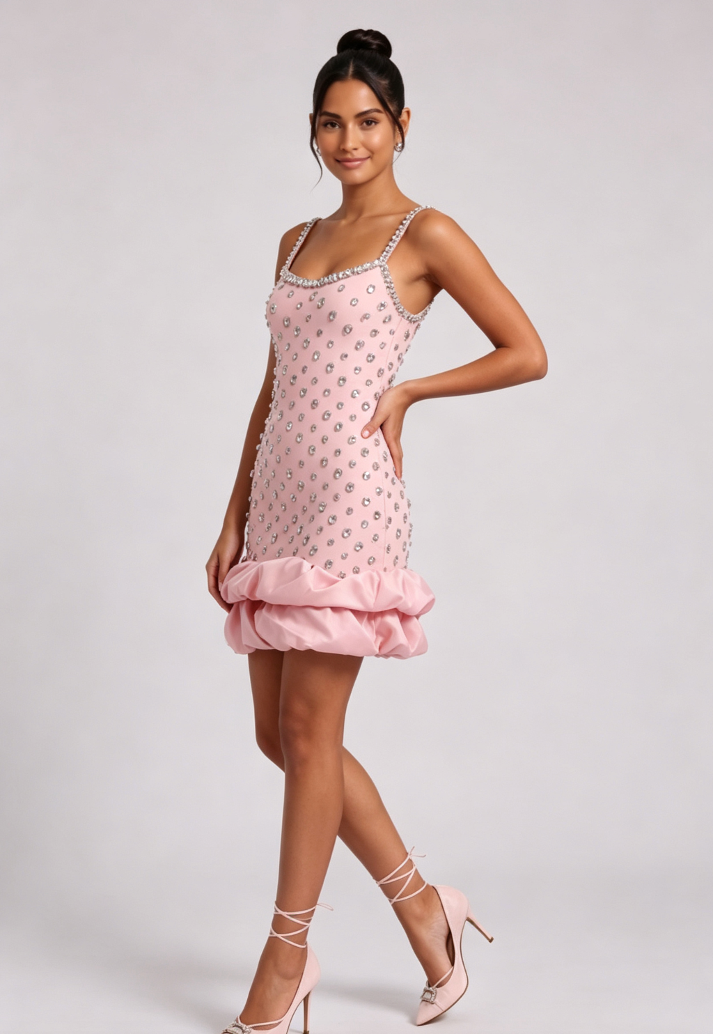 Light Pink Structured Crepe-Blend Bodycon with Bubble Hem Dress