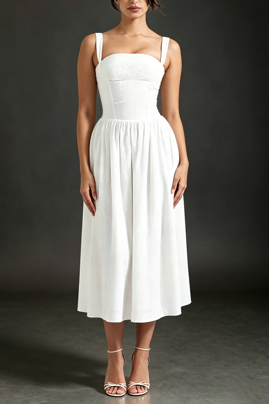 White Cotton-Blend Eyelet A-Line Midi Dress