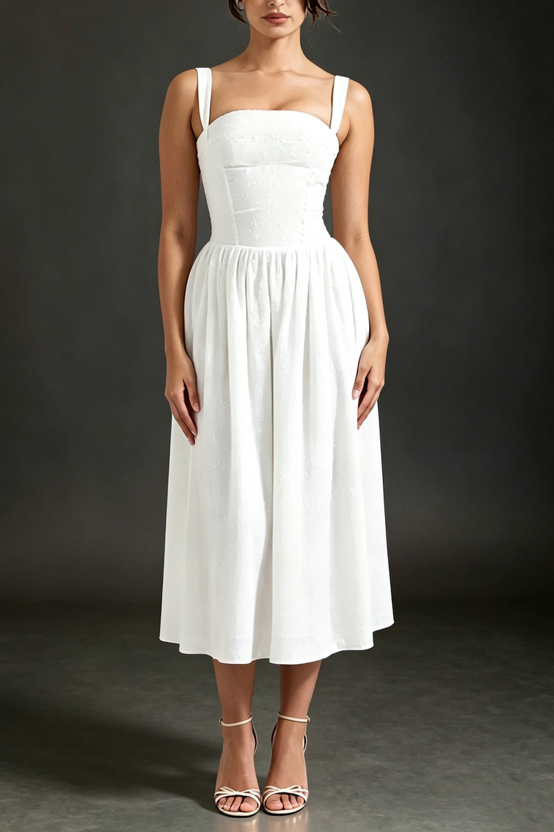 White Cotton-Blend Eyelet A-Line Midi Dress