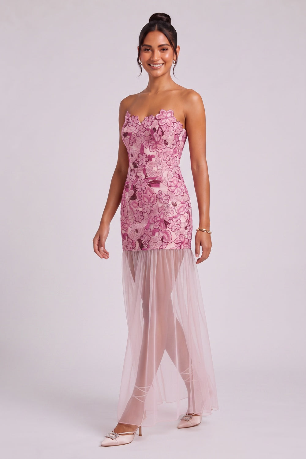dusty pink embroidered floral lace fitted column mini with sheer maxi overlay dress dusty pink embroidered floral lace dress - product view 2