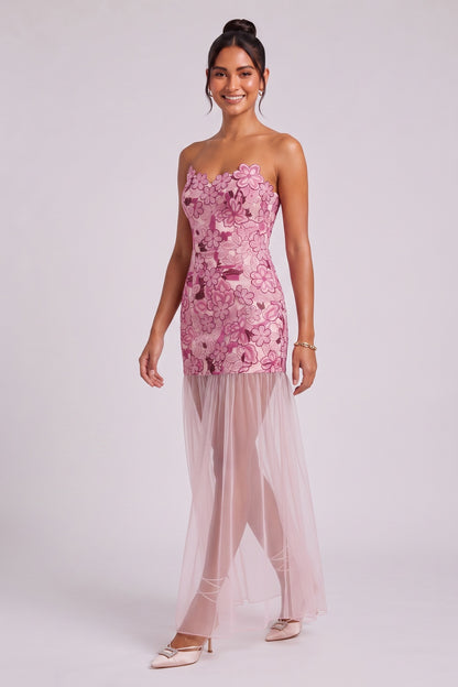 dusty pink embroidered floral lace fitted column mini with sheer maxi overlay dress dusty pink embroidered floral lace dress - product view 2