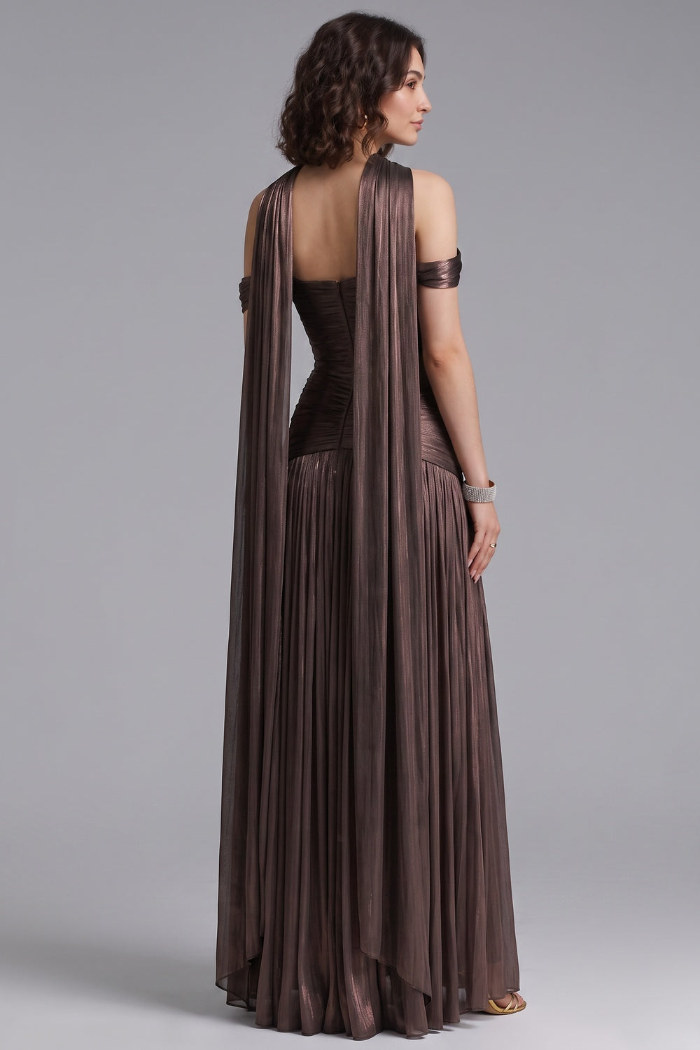 Bronze Metallic Draped A-Line Evening Gown with High Slit bronze, dark brown metallic lamé or silk blend evening gown - product view 5