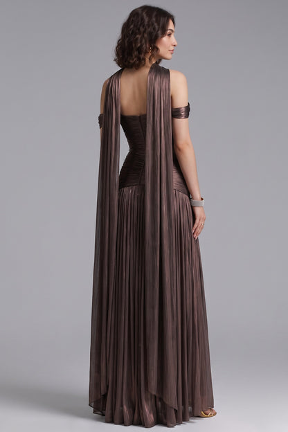 Bronze Metallic Draped A-Line Evening Gown with High Slit bronze, dark brown metallic lamé or silk blend evening gown - product view 5