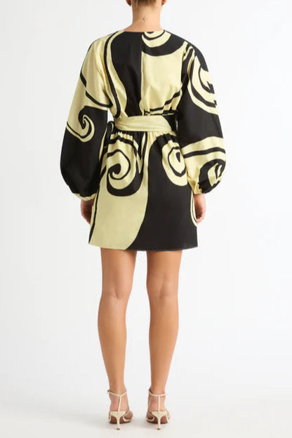 oceanic swirl v-neck puff sleeve mini dress