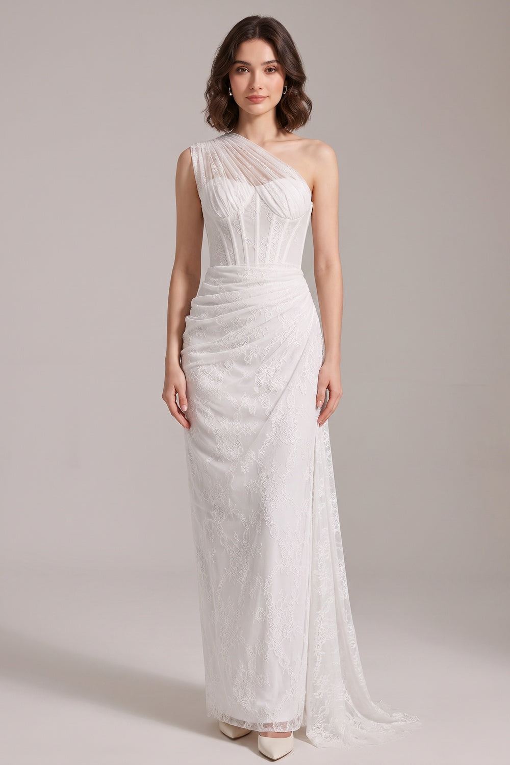 White Floral Lace One-Shoulder Column Gown white floral lace gown - product view 1