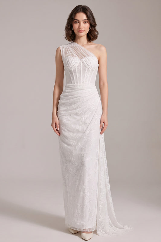 White Floral Lace One-Shoulder Column Gown white floral lace gown - product view 1