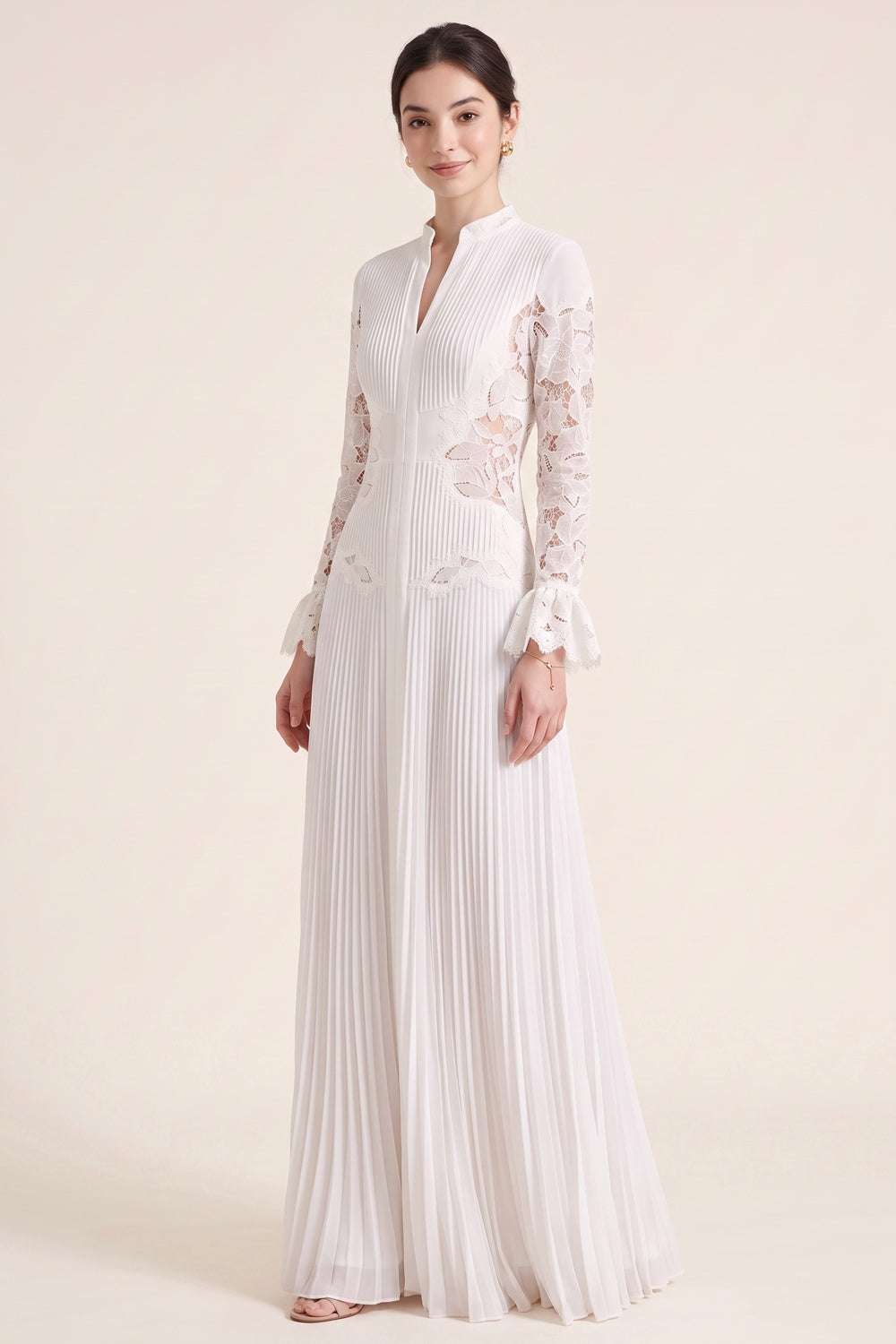 White Pleated Georgette A-Line Gown with Floral Lace white pleated georgette gown - product view 4