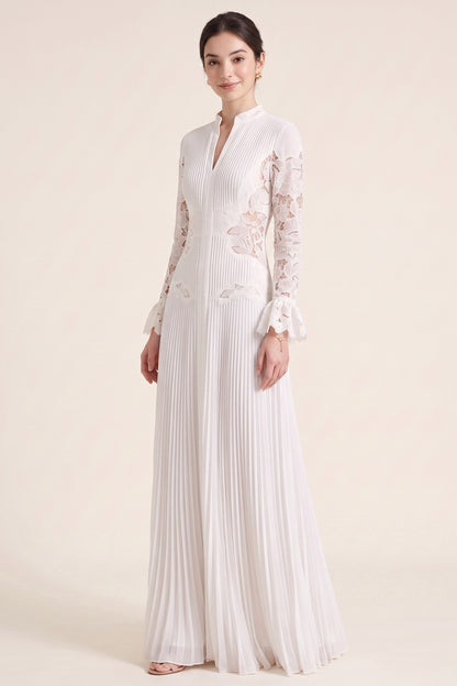 White Pleated Georgette A-Line Gown with Floral Lace white pleated georgette gown - product view 4