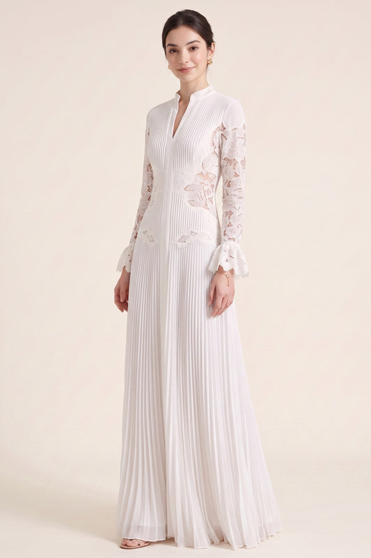 White Pleated Georgette A-Line Gown with Floral Lace white pleated georgette gown - product view 4