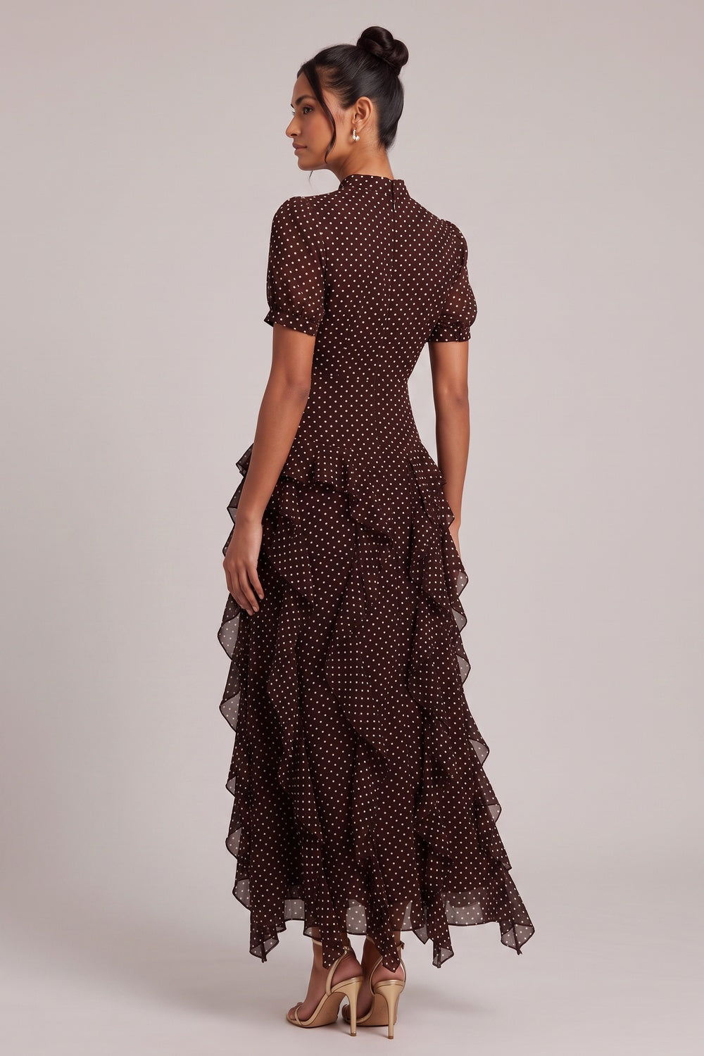 Brown Polka Dot Tiered Ruffle Midi Dress Premium Fabric - product view 3