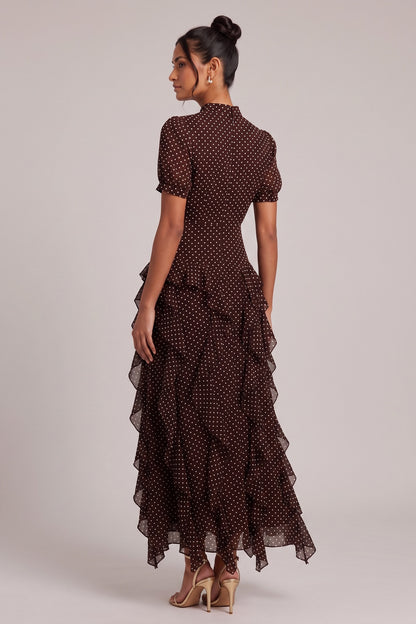 Brown Polka Dot Tiered Ruffle Midi Dress Premium Fabric - product view 3
