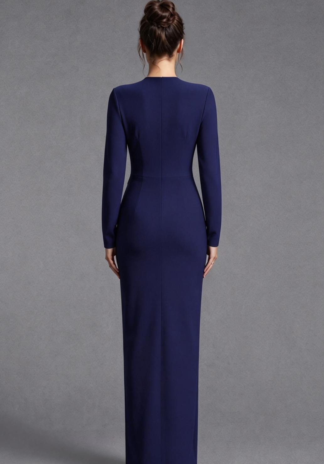 Navy Blue Heavy Crepe Column Evening Gown with Silver Floral Appliqué