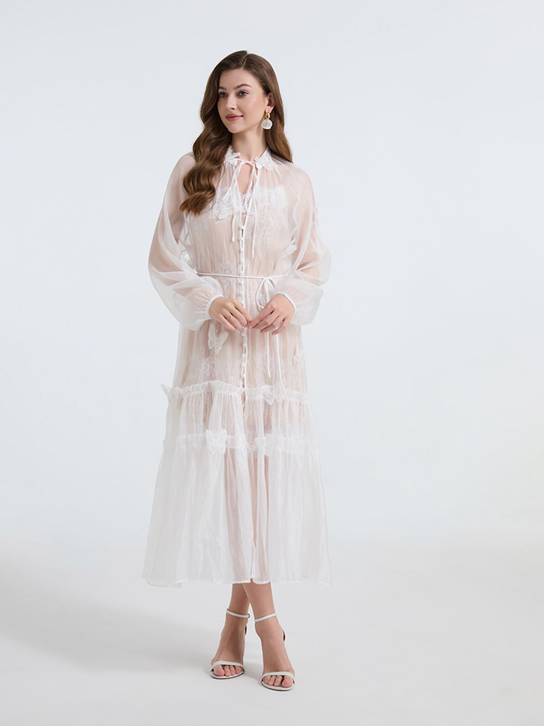 See-through blouse maxi dress with lace skirt in white
