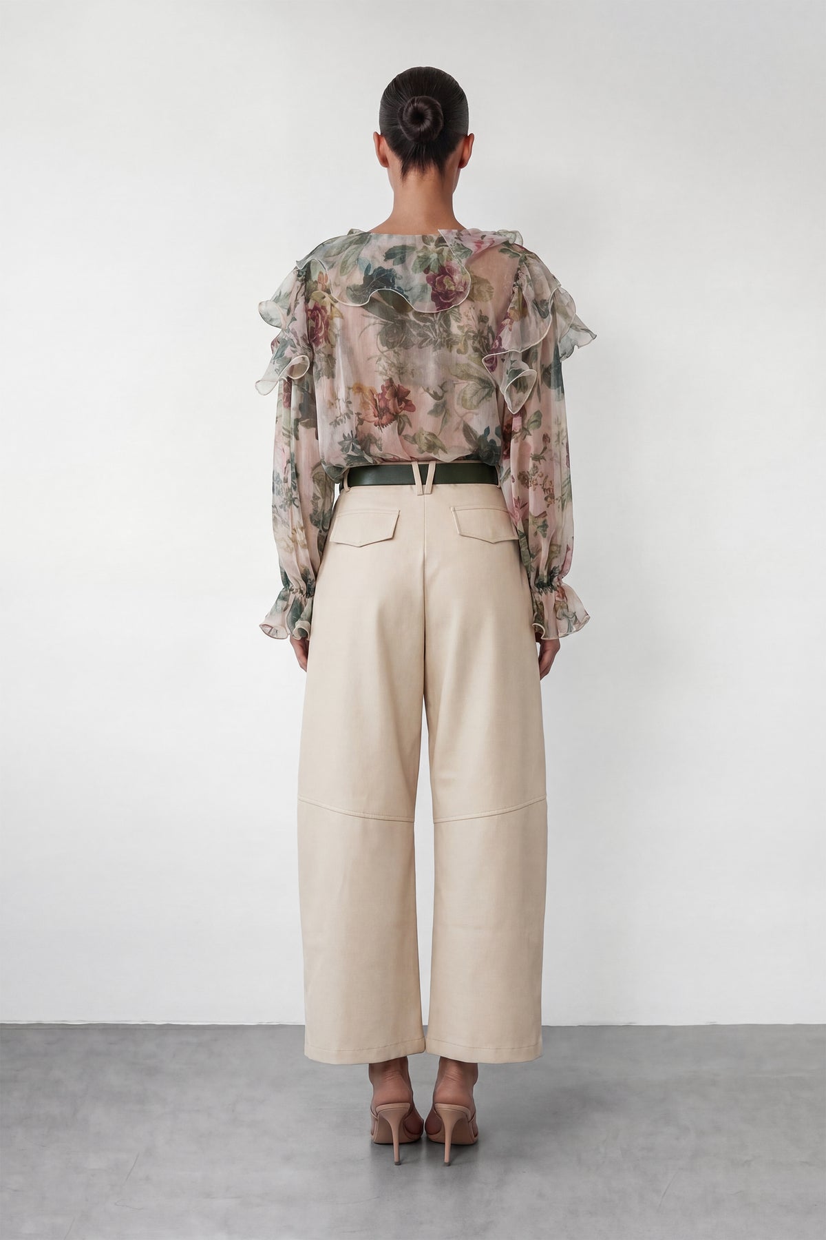 Vintage Rose Print Multi-Layer Ruffle V-Neck Sheer Crinkle Chiffon Long Sleeve Blouse
