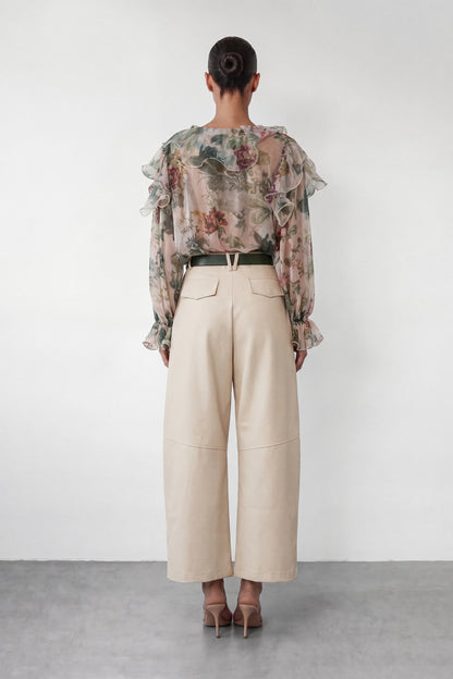 Vintage Rose Print Multi-Layer Ruffle V-Neck Sheer Crinkle Chiffon Long Sleeve Blouse
