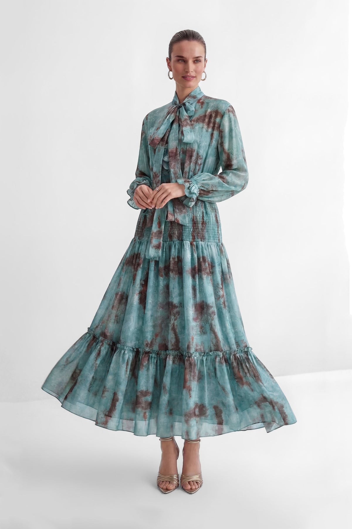 kristin Teal Printed Tiered Ruffle Maxi Dress - green