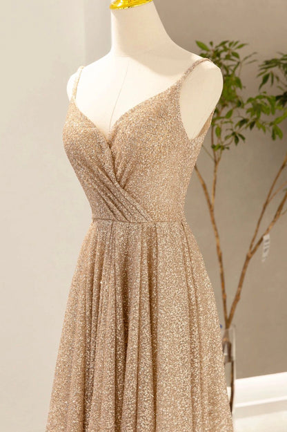 Gold V-Neck Sequins Prom Dress