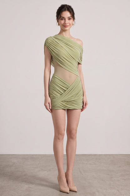 Sage Green Asymmetrical Draped Mini Dress sage green stretch jersey draped mini dress - product view 1