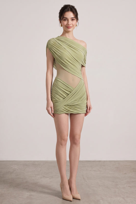 Sage Green Asymmetrical Draped Mini Dress sage green stretch jersey draped mini dress - product view 1