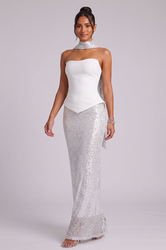 White Strapless Sequin Gown with Silver Scarf Detail Premium Fabric - product view 1