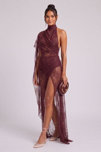 burgundy sheer floral lace asymmetrical column with bodysuit base evening gown burgundy sheer floral lace evening gown - product view 4