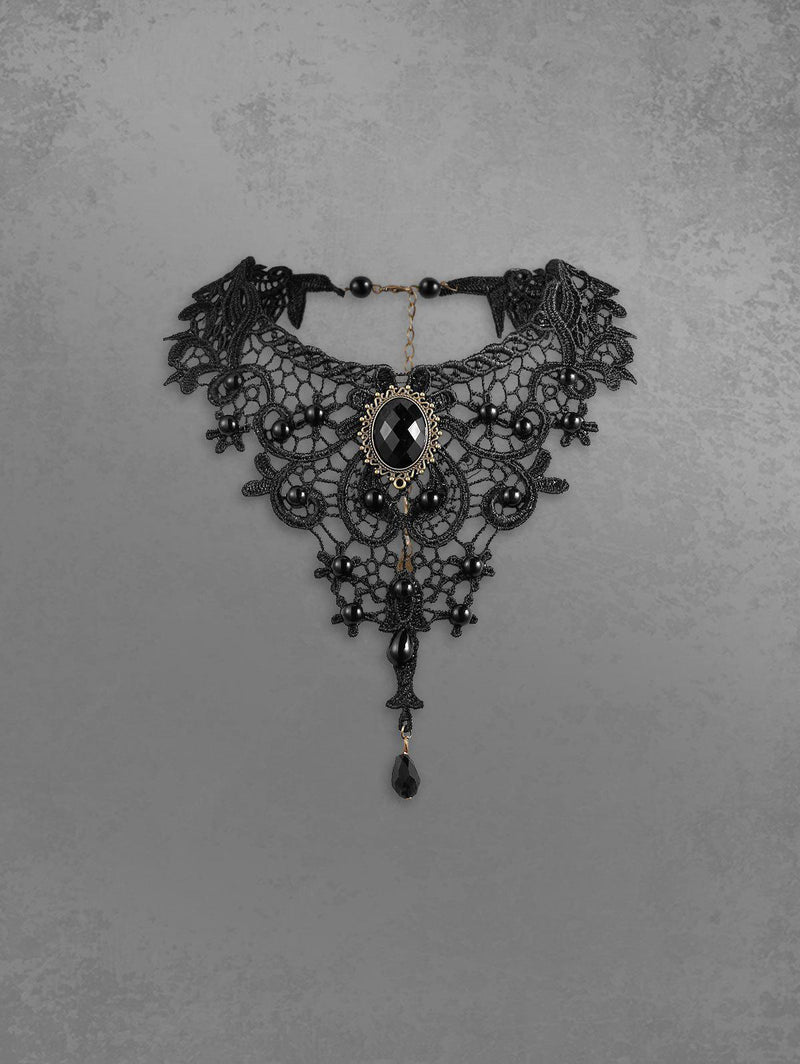 Gothic Steampunk Victorian Vintage Faux Crystal Decor Lace Choker Necklace