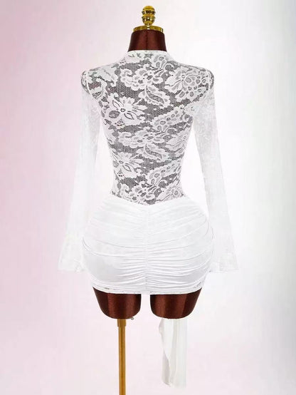 TWISTED LACE MINI DRESS IN WHITE