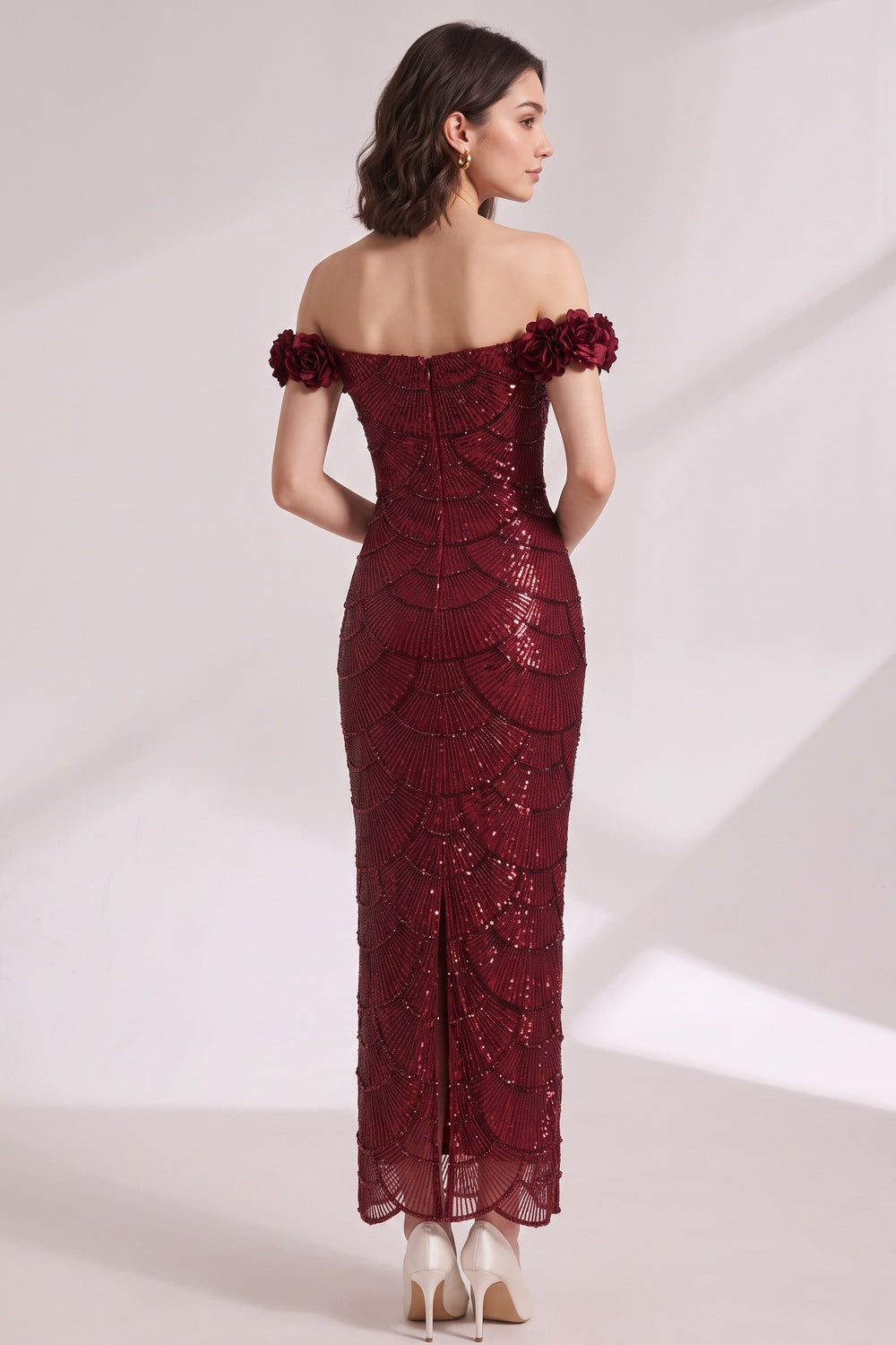 burgundy sequined mesh column gown burgundy sequined mesh gown - product view 5