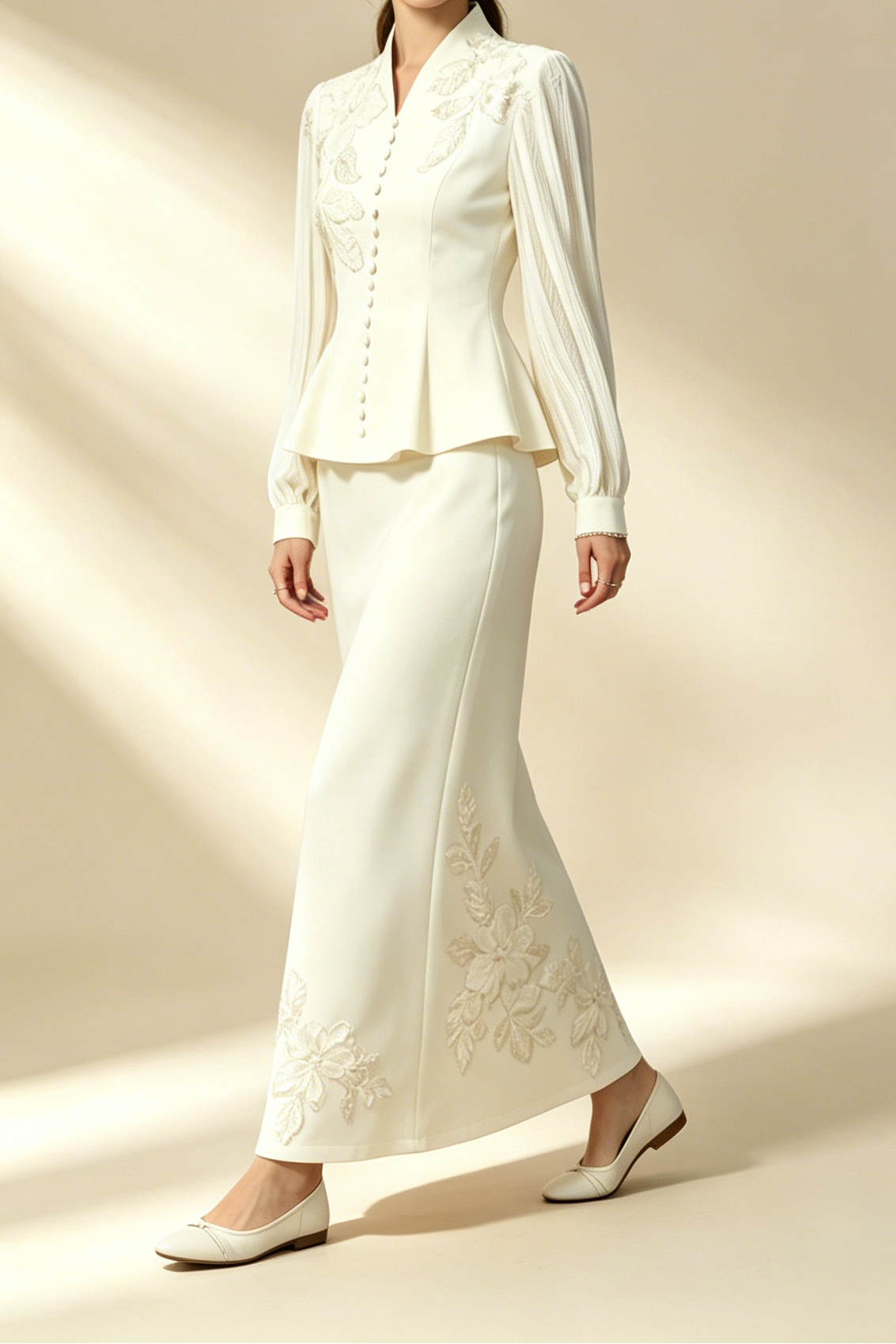 Cream Beaded Floral Embellished Peplum Top & Midi Pencil Skirt Two-Piece Suit