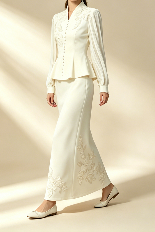 Cream Beaded Floral Embellished Peplum Top & Midi Pencil Skirt Two-Piece Suit