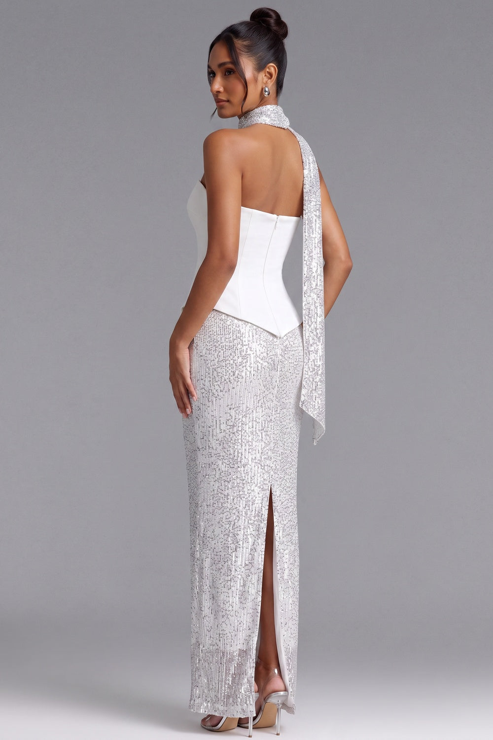 White Strapless Sequin Gown with Silver Scarf Detail Premium Fabric - product view 2