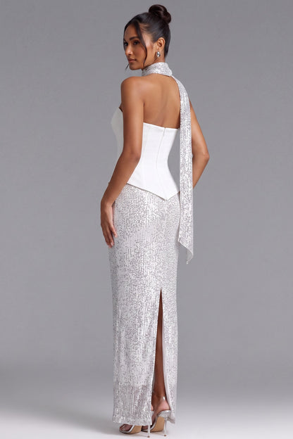 White Strapless Sequin Gown with Silver Scarf Detail Premium Fabric - product view 2