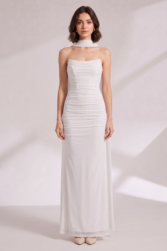 white ruched mesh fitted column evening gown white, yellow ruched mesh evening gown - product view 3
