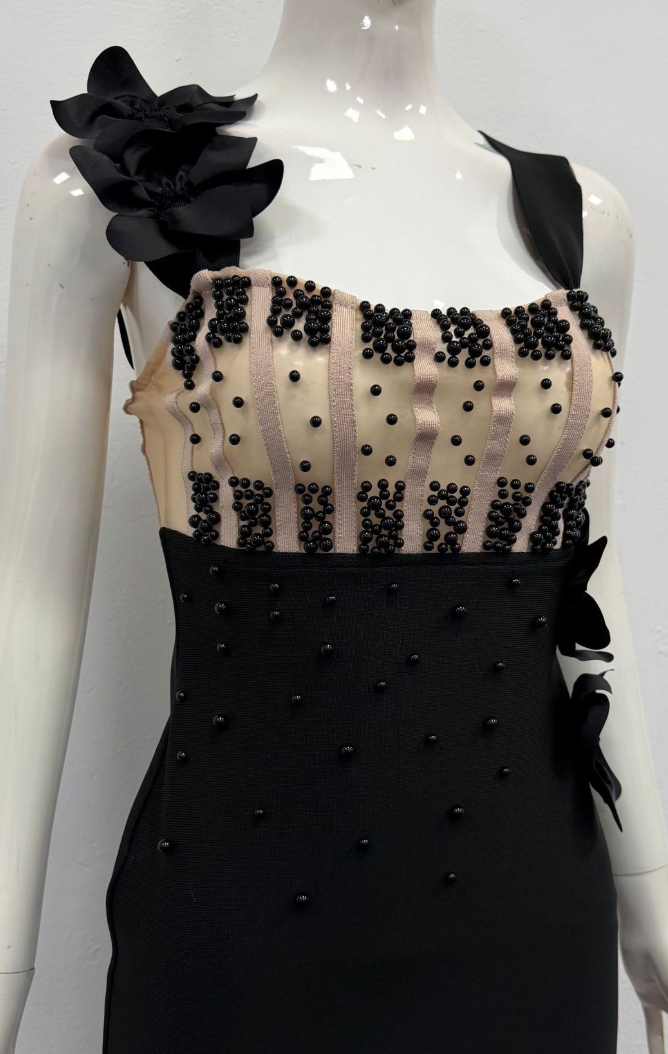 Black Structured Crepe Column Evening Gown with Beaded Bodice