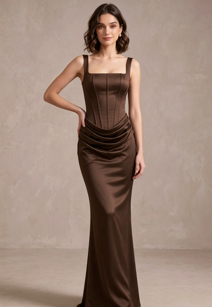 Dark Brown Satin Fitted Column Evening Gown with Draped Hip