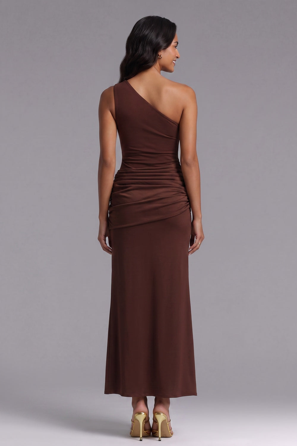 Chocolate Brown One-Shoulder Maxi Dress in Stretch Jersey chocolate brown stretch jersey dress - product view 5