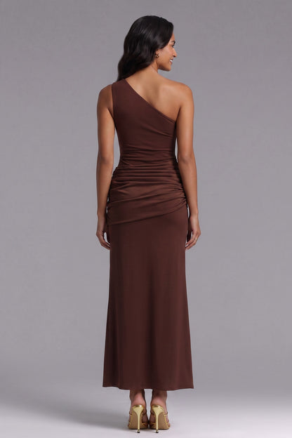 Chocolate Brown One-Shoulder Maxi Dress in Stretch Jersey chocolate brown stretch jersey dress - product view 5