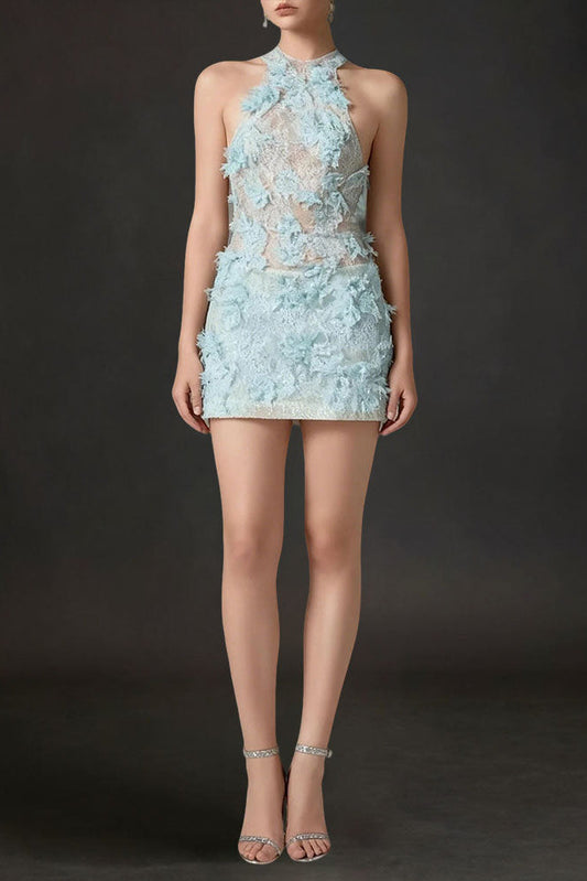 Floral Lace Mini Dress In blue
